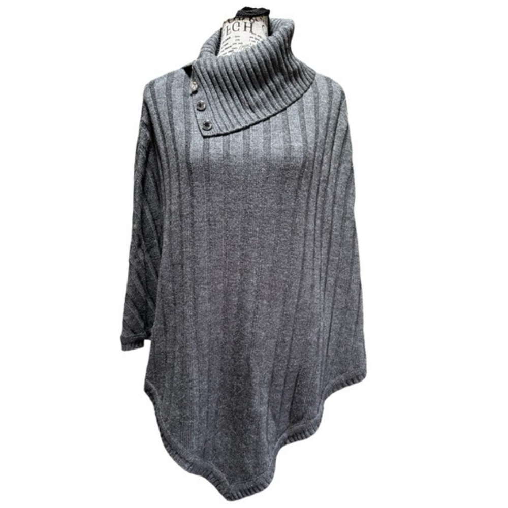 Michael Kors Womens Cowl neck Poncho Cape Charcoal Gray‎ Ribbed Knit  buttonneck
